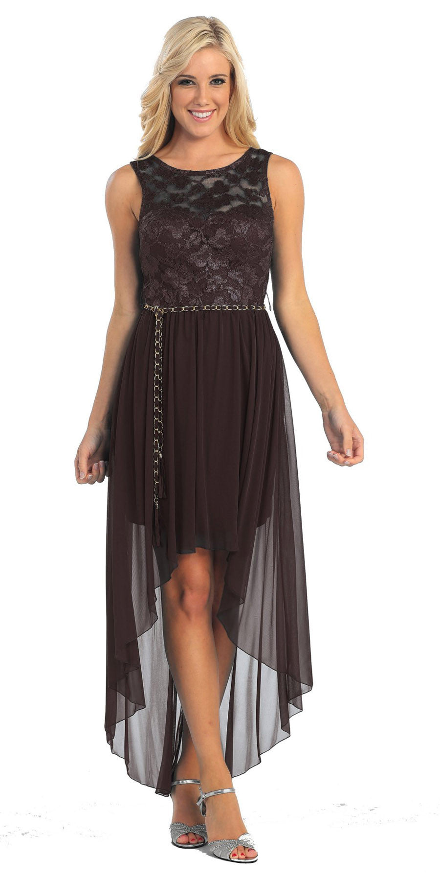 Sleeveless lace high-low dress with layered sheer skirt and gold chain belt