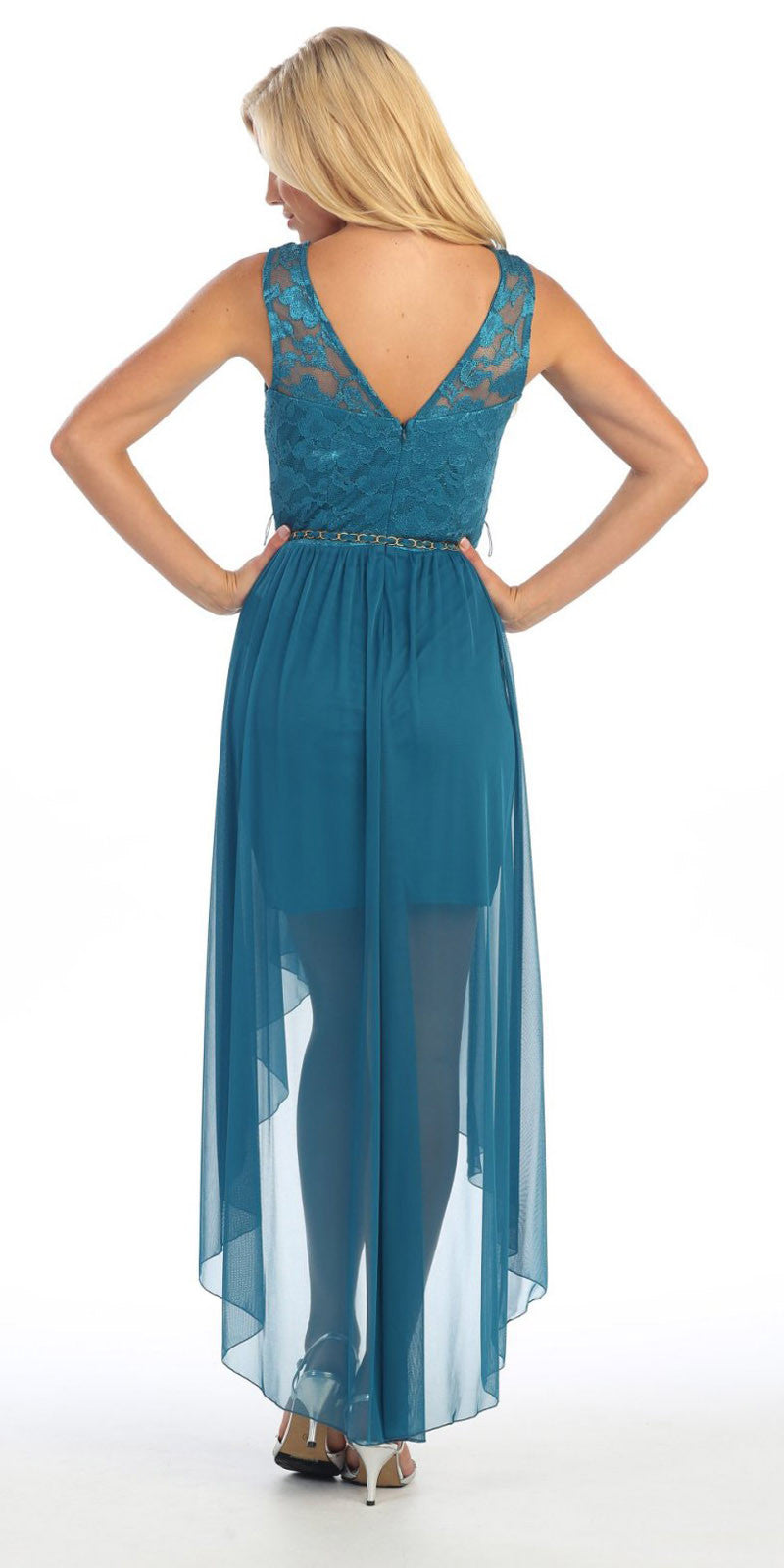 Backless sleeveless lace high-low dress with layered chiffon skirt and gold chain belt