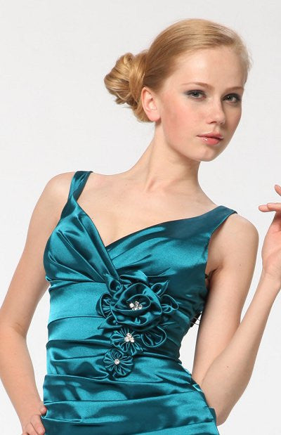 Teal satin corset-style mermaid dress with floral 3D appliqué at neckline