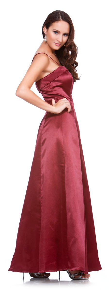 Satin A-line bridesmaid dress with spaghetti straps, deep red/maroon, side view.