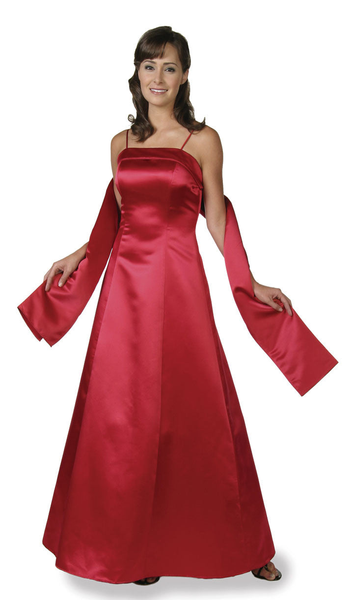 Red satin spaghetti strap A-line bridesmaid dress with full skirt and sleeveless bodice