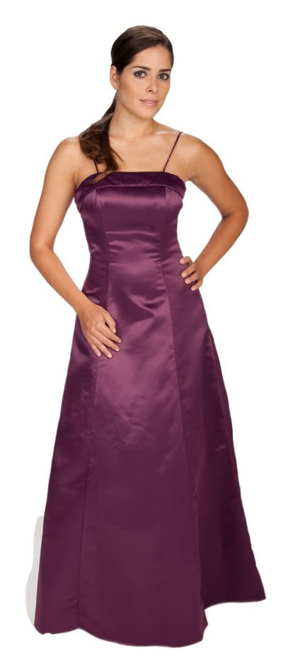 Purple satin spaghetti strap A-line bridesmaid dress with fitted bodice and full skirt