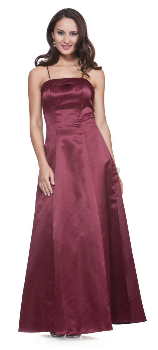 Satin A-line bridesmaid dress with spaghetti straps and gathered bodice, burgundy/purple.
