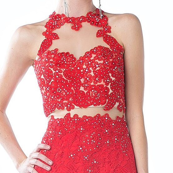 Red lace halter gown bodice with floral appliques and sheer lace upper panel