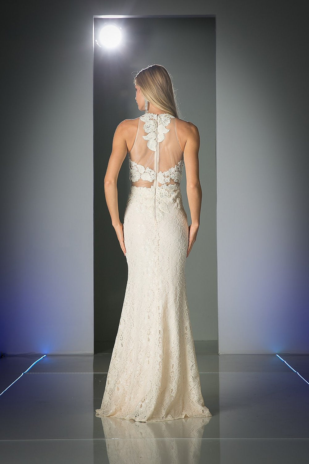 Ivory lace gown with open back and floral appliques, fitted trumpet silhouette