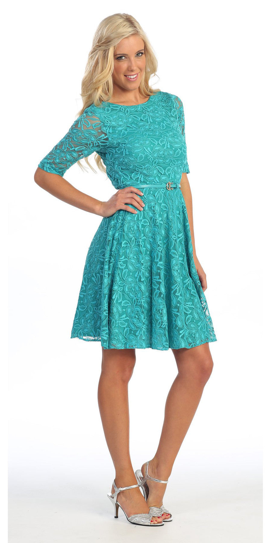 Turquoise short lace dress with mid sleeves and belted waist, A-line skirt