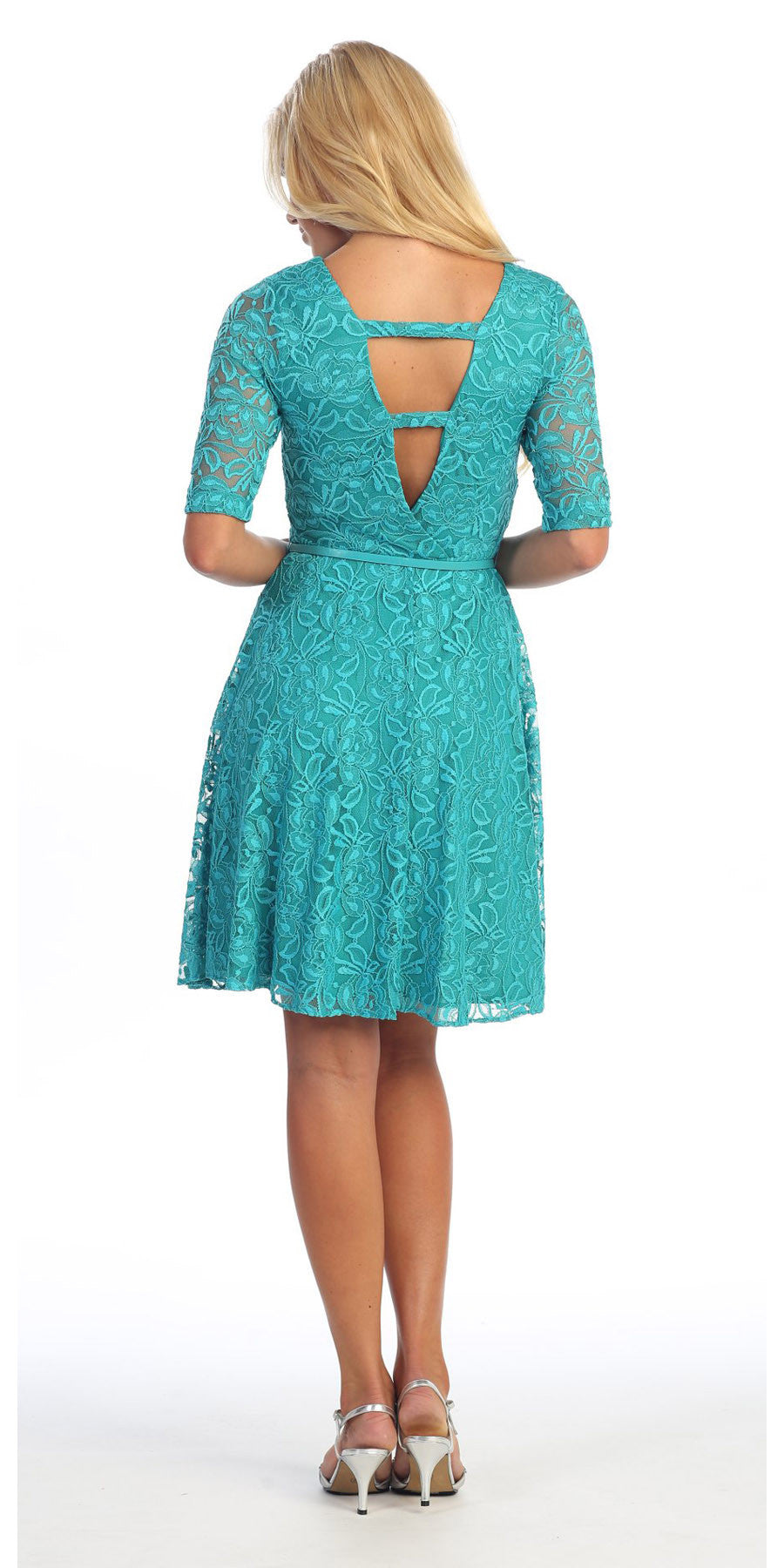 Turquoise lace short dress with mid sleeves and back cutout