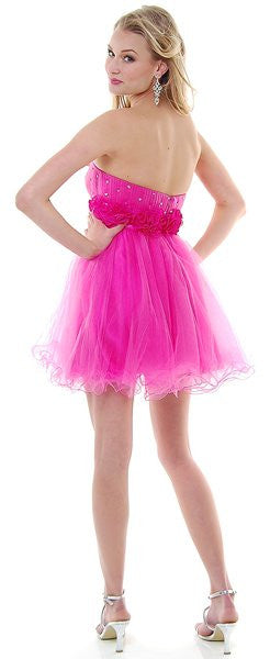 A-line tulle dress, hot pink strapless with rhinestone bodice and short tulle skirt