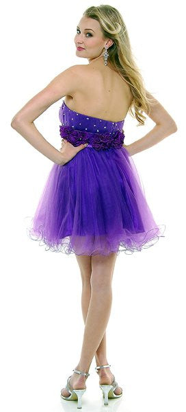 A-line tulle dress, purple strapless bodice with embellished waist and short tulle skirt