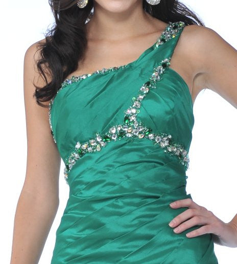 Green one-shoulder satin dress with ornate beaded trim across bodice and side