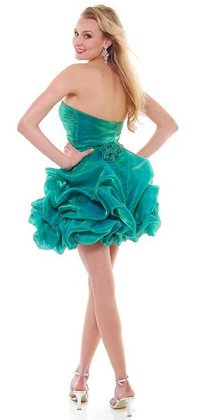 Emerald green strapless ruched bubble dress with layered ruffle skirt, front view