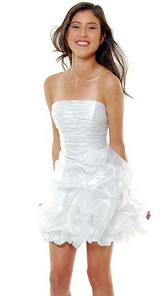 White strapless ruched bubble dress with layered ruffle skirt