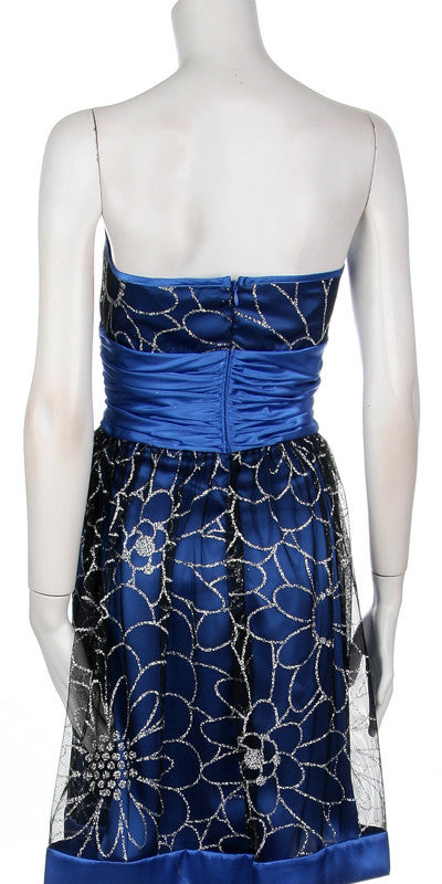 Royal blue strapless mesh overlay knee-length dress with floral beadwork, corset-style back