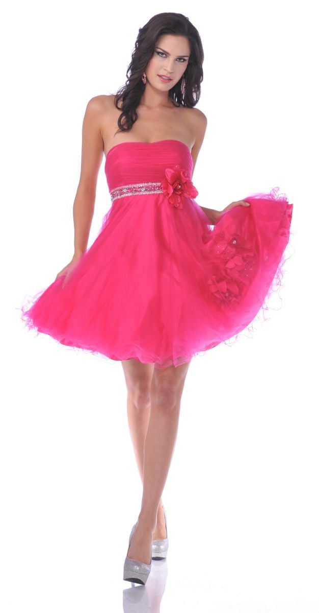 Hot pink strapless short A-line dress with rhinestone belt and layered tulle skirt