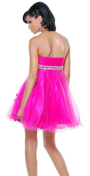 Hot pink strapless A-line short dress, back view, rhinestone waist and tulle skirt