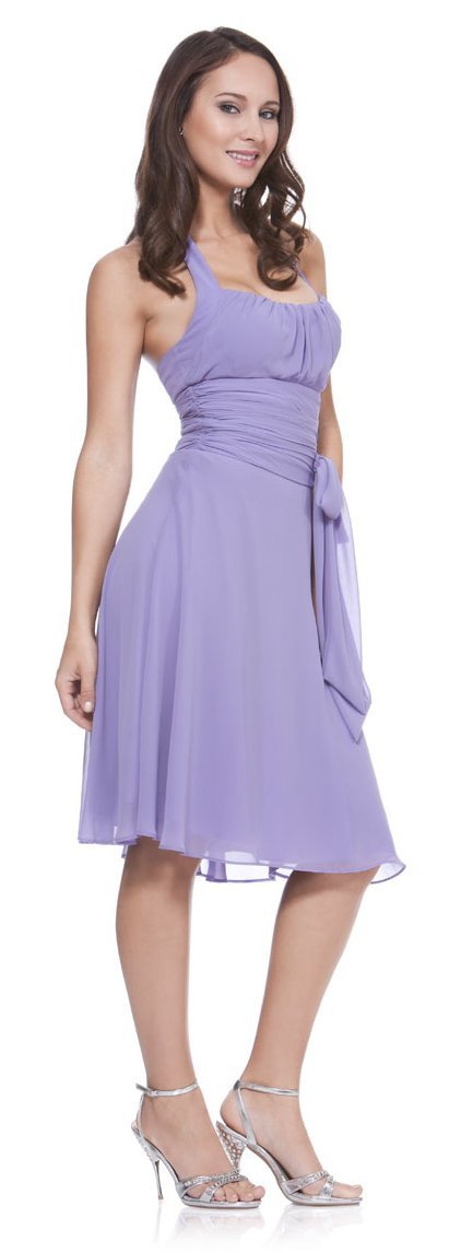 Lavender halter strap chiffon knee-length dress with halter neck and side bow detail