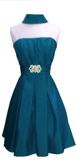Teal knee-length A-line dress with high back and embellished waist detail
