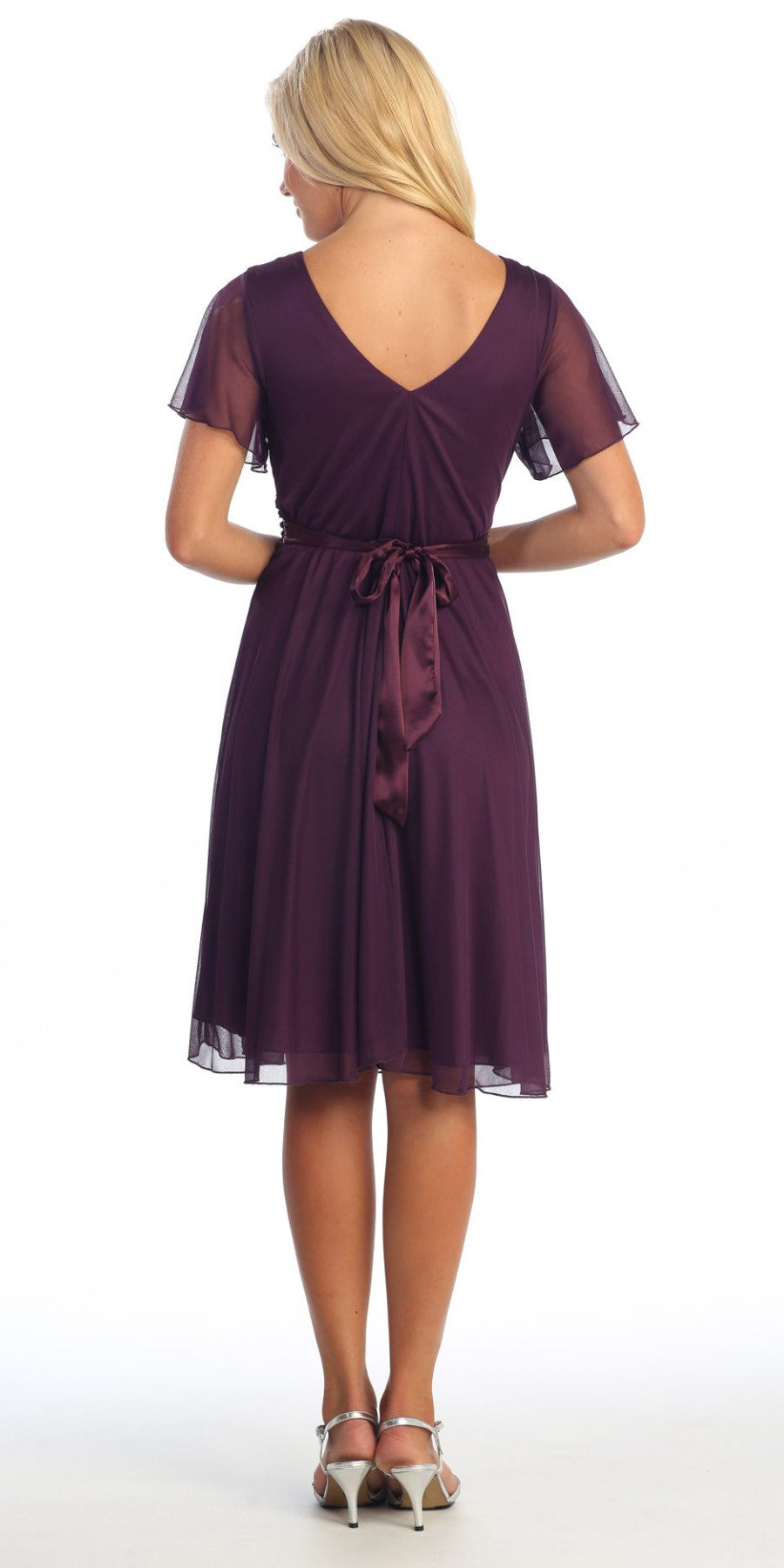 Purple short-sleeve dress, V-back with gathered waist and fabric tie