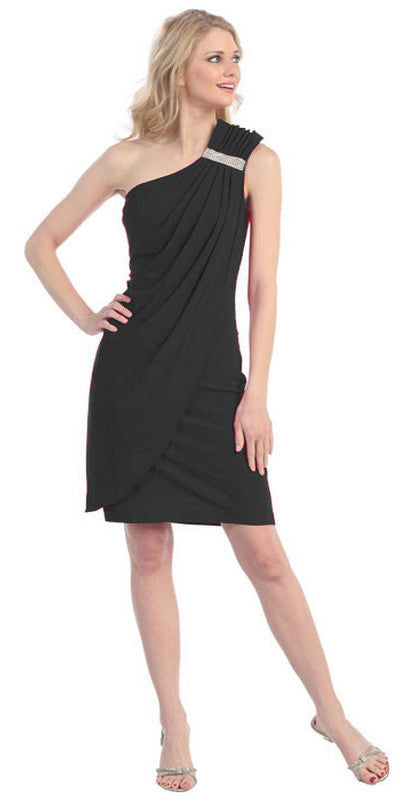 Knee-length one-shoulder cocktail dress with side draped detail, black