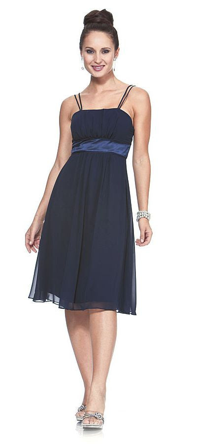 Knee-length dark chiffon spaghetti strap dress with ruched waist and flared skirt