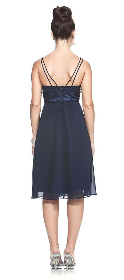 Knee-length dark chiffon spaghetti strap dress, crisscross back and gathered waist