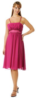 Knee-length magenta chiffon spaghetti strap dress, gathered bodice, flared skirt