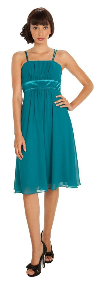 Knee-length teal chiffon spaghetti strap dress with gathered bodice and flowing skirt