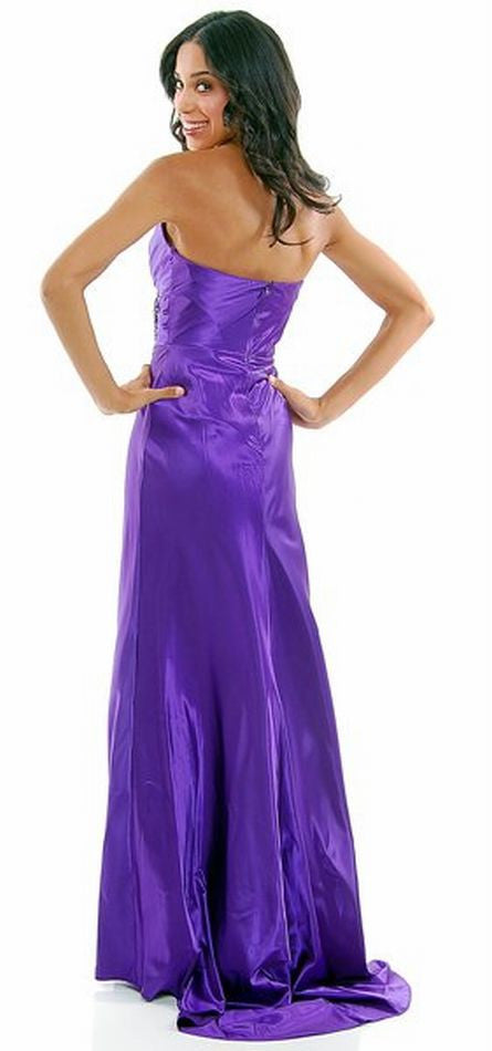 Purple strapless sweetheart satin gown, fitted waist with draped ruching