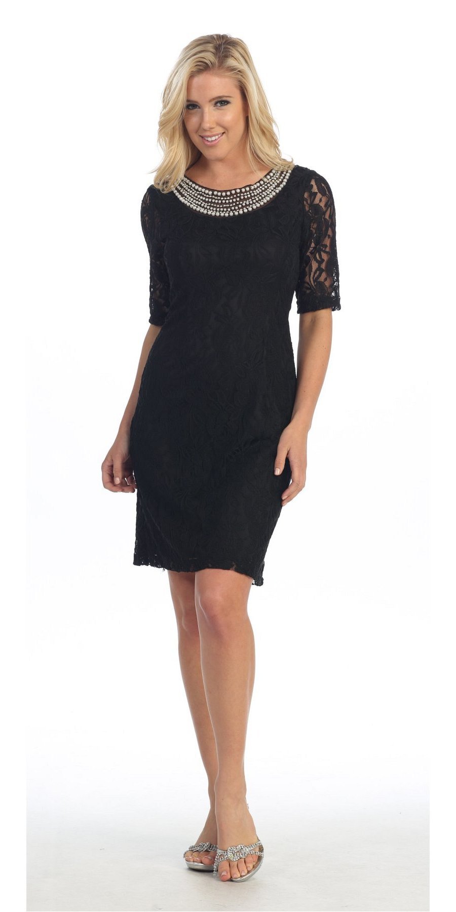 Knee-length lace dress with pearl embellished neckline, short sleeves, angled front