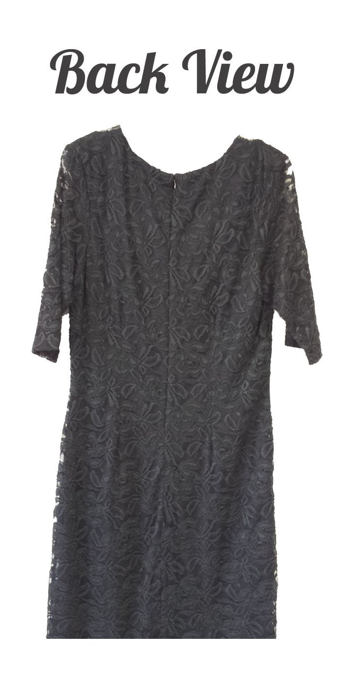 Knee-length lace dress in back view with scoop neckline and 3/4 sleeves