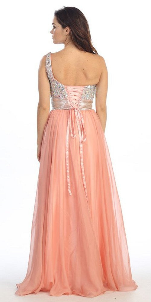 One-shoulder corset A-line ball gown, back view, peach sequined bodice and long skirt