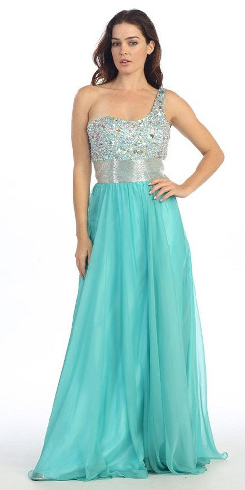 One-shoulder corset A-line ball gown, teal chiffon skirt and silver sequined bodice