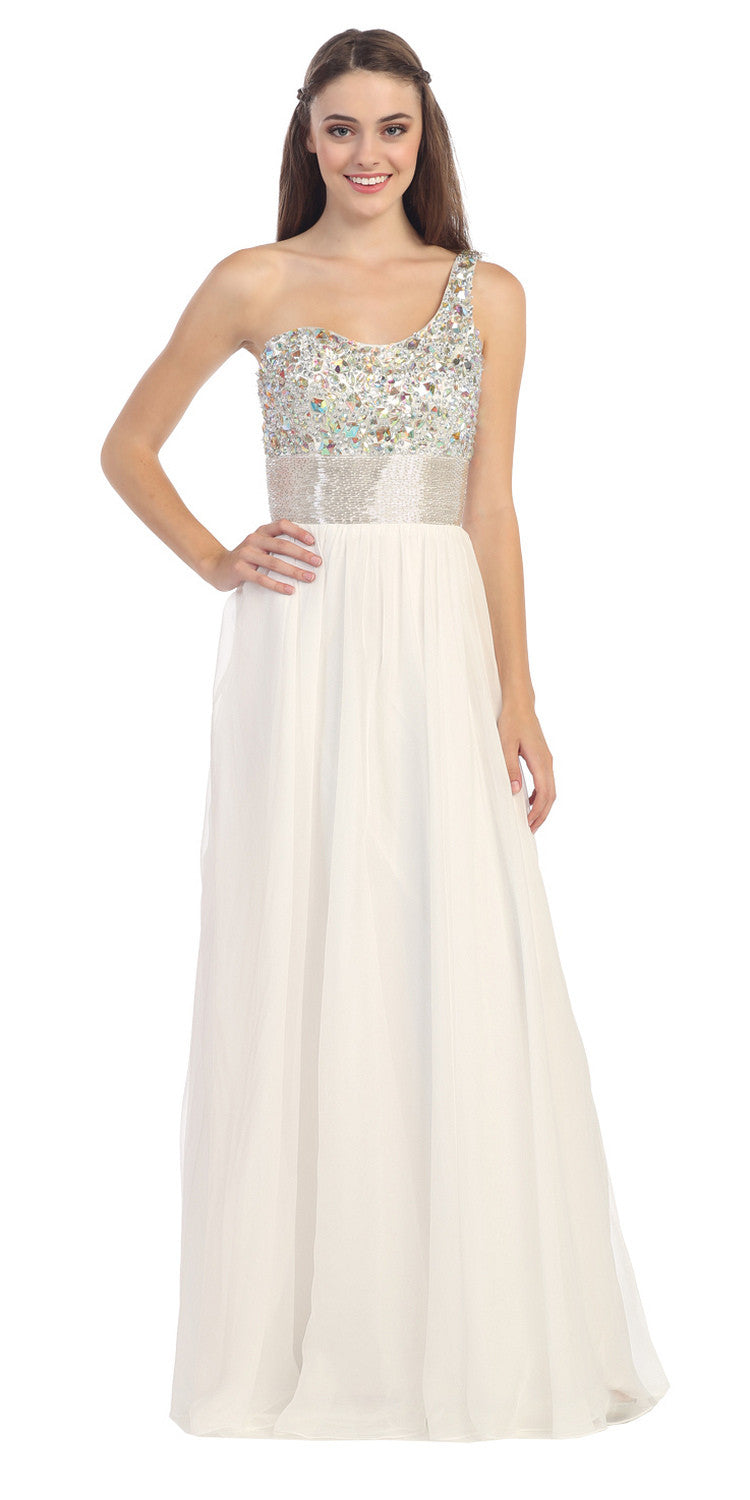 One-shoulder corset A-line ball gown, ivory sequined bodice and chiffon skirt