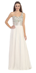 One-shoulder corset A-line ball gown, ivory sequined bodice and chiffon skirt
