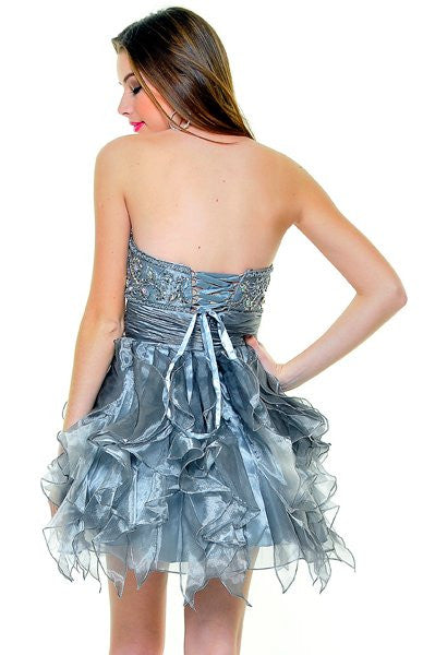 Turquoise strapless cocktail dress back with beaded bodice and tied waist bow ruffles