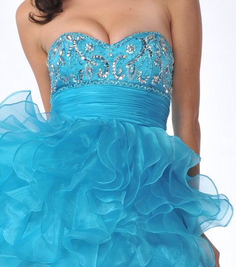 Turquoise strapless cocktail dress with beaded corset bodice and layered tulle ruffles