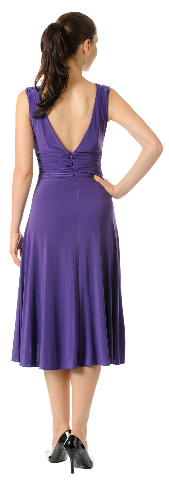 Purple knee-length evening dress, sleeveless V-back with ruched waist and flared skirt