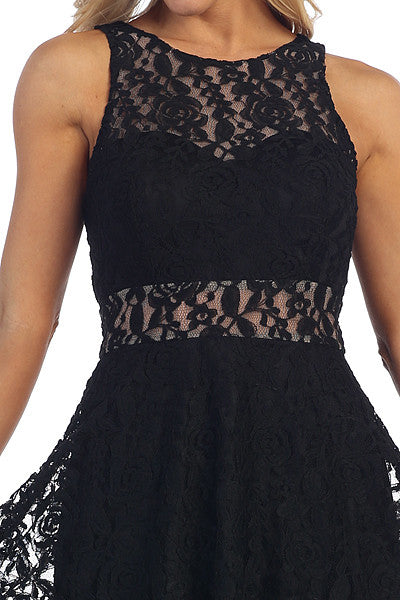 Black lace sleeveless dress close-up: lace neckline and fitted bodice