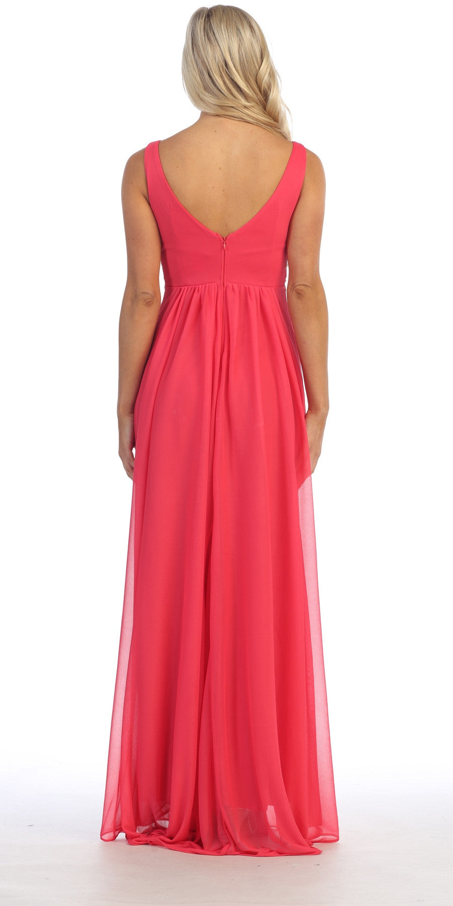 Coral sleeveless empire waist A-line dress with open back and V-cut neckline