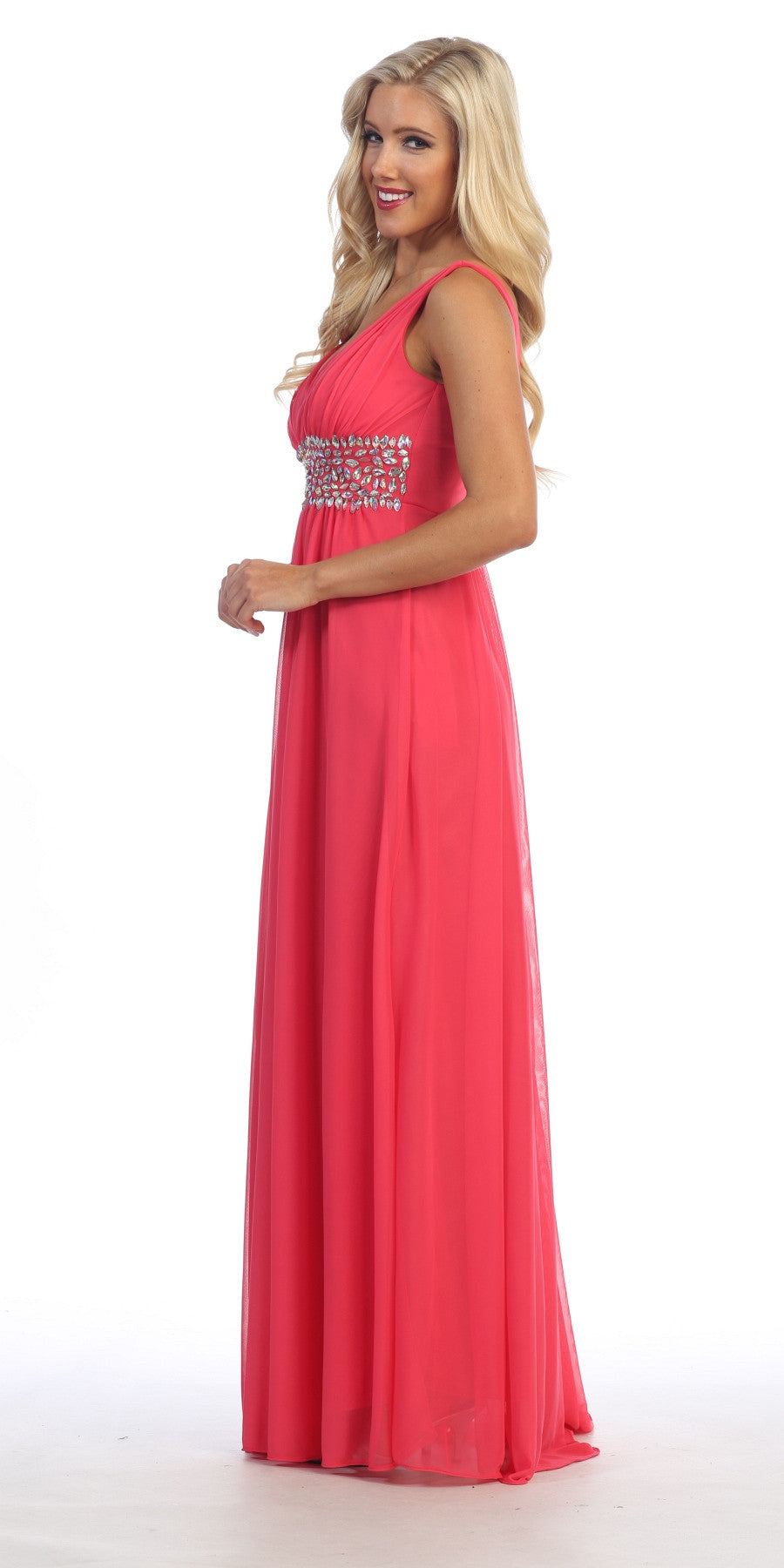 Coral V-neck empire waist A-line dress with jeweled ruched band, sleeveless