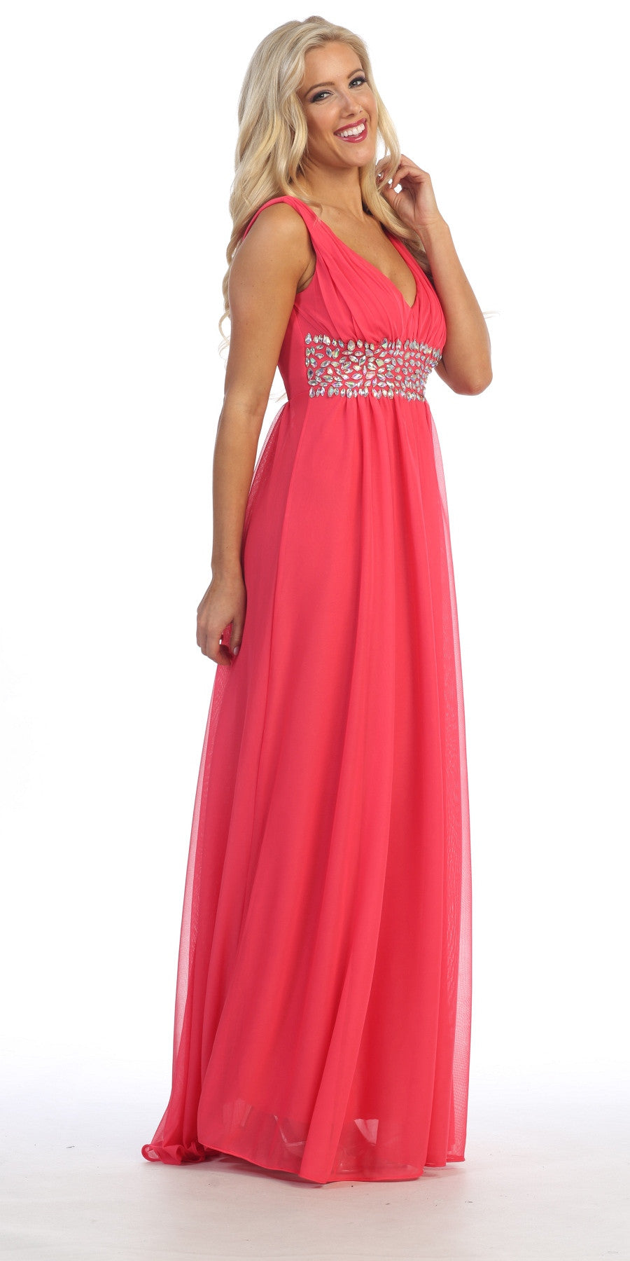 Coral V-neck empire waist A-line dress with jeweled band at the empire seam