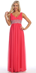 Coral V-neck empire waist A-line dress with jeweled band detail, sleeveless