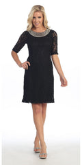 Knee-length lace dress with pearl embellished neckline and short sleeves