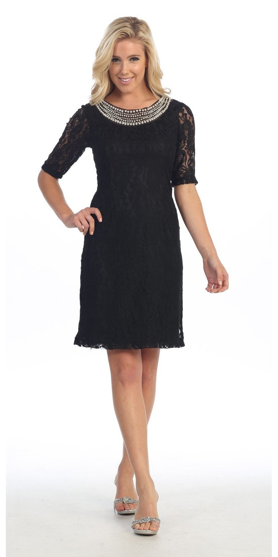 Knee-length lace dress with pearl embellished neckline and short sleeves