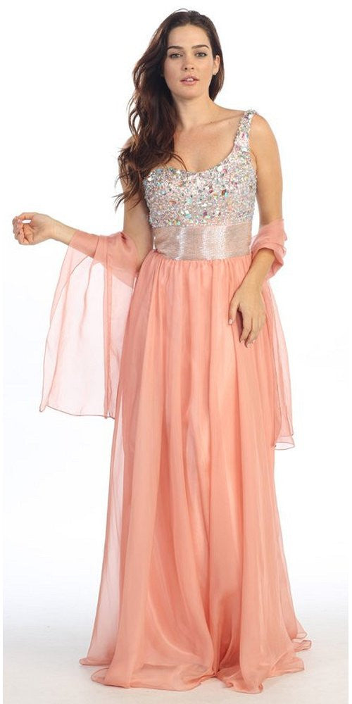 One-shoulder corset A-line ball gown, peach skirt with silver sequined one-shoulder bodice