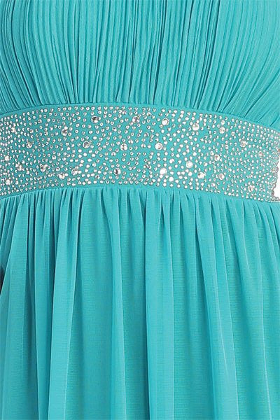 Turquoise chiffon gown close-up with rhinestone beaded empire waist band