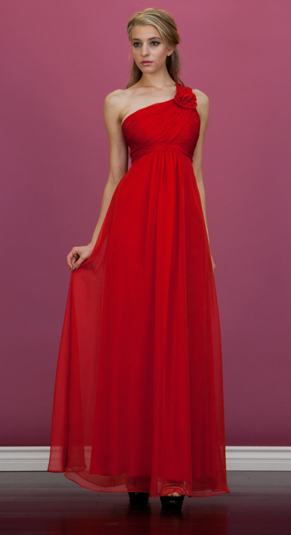 Red one-shoulder chiffon empire dress with gathered waist and flowing long skirt