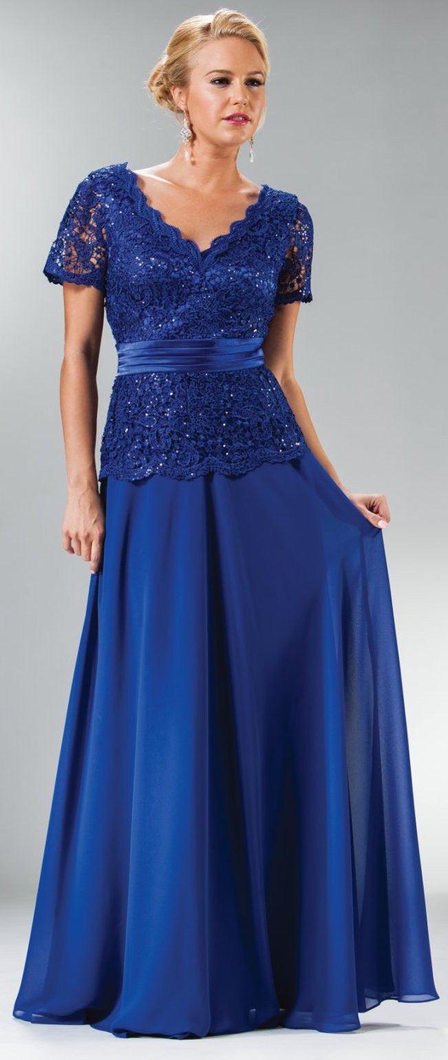 Floor-length blue lace V-neck dress with short sleeves, peplum waist, flowing skirt