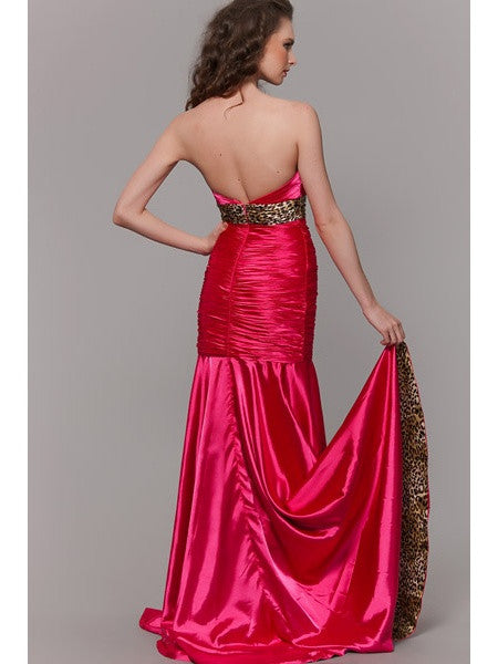 Back-view fuchsia strapless ruched dress with leopard-print waistband and drape