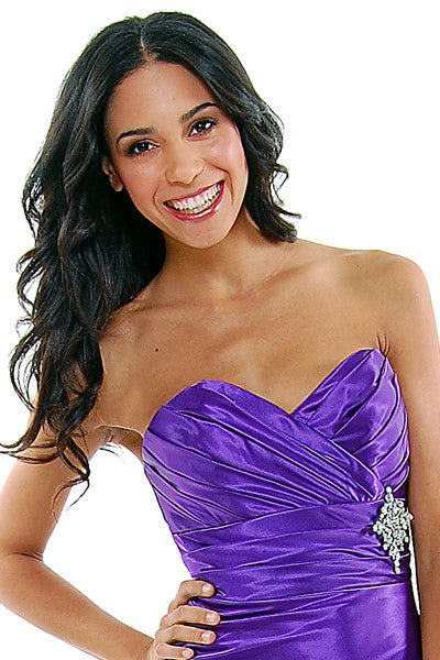 Purple strapless sweetheart satin bodice with ornate brooch accent and ruching